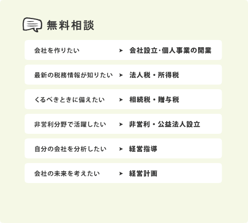 無料相談：会社を作りたい→会社設立･個人事業の開業、最新の税務情報が知りたい→法人税・所得税、くるべきときに備えたい→相続税･贈与税、非営利分野で活躍したい→非営利･公益法人設立、自分の会社を分析したい→経営指導、会社の未来を考えたい→経営計画