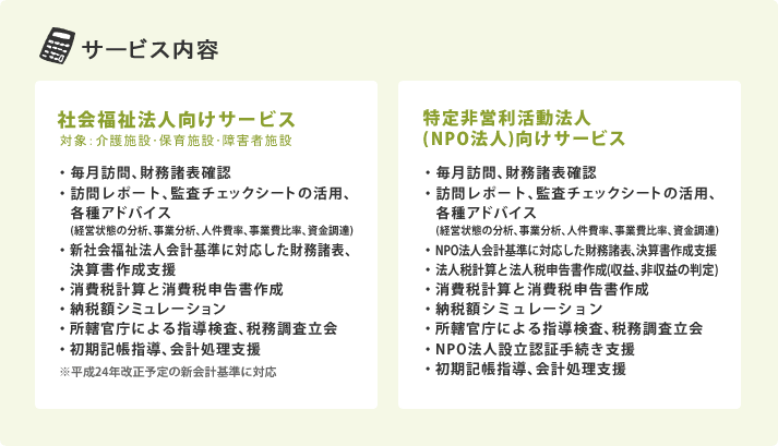 サービス内容／■社会福祉法人向けサービス(対象：介護施設･保育施設･障害者施設)・毎月訪問､財務諸表確認・訪問レポート､監査チェックシートの活用､各種アドバイス　(経営状態の分析､事業分析､人件費率､事業費比率､資金調達)・新社会福祉法人会計基準に対応した財務諸表､決算書作成支援・消費税計算と消費税申告書作成・納税額シミュレーション・所轄官庁による指導検査､税務調査立会・初期記帳指導､会計処理支援※平成24年改正予定の新会計基準に対応　■特定非営利活動法人(NPO法人)向けサービス・毎月訪問､財務諸表確認・訪問レポート､監査チェックシートの活用､各種アドバイス　(経営状態の分析､事業分析､人件費率､事業費比率､資金調達)・NPO法人会計基準に対応した財務諸表､決算書作成支援・法人税計算と法人税申告書作成(収益､非収益の判定)・消費税計算と消費税申告書作成・納税額シミュレーション・所轄官庁による指導検査､税務調査立会・NPO法人設立認証手続き支援・初期記帳指導､会計処理支援